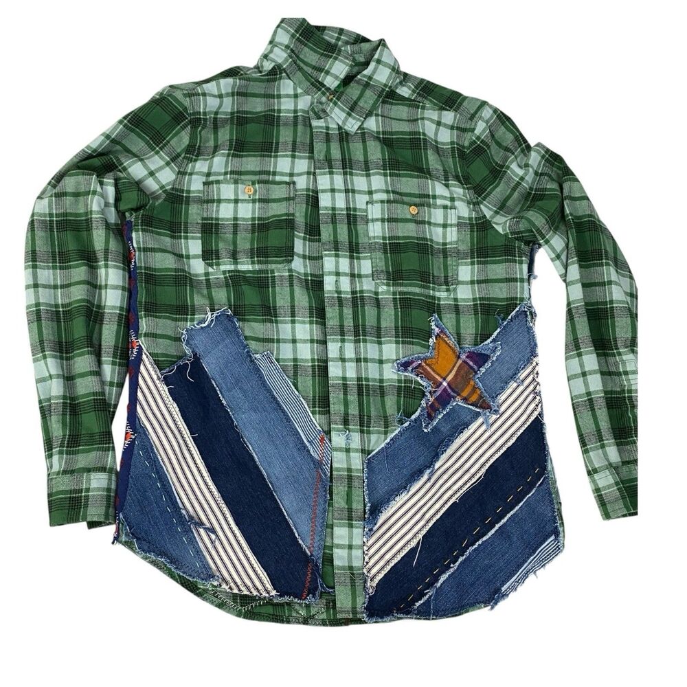 Upcycled Flannel Shirt Shacket Womens Large Alaska Grunge Patchwork Folk Art - Picture 10 of 16